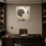 Charcoal Circle Forms Geometric Abstract Wall Art Canvas Print displayed in a contemporary gallery-inspired room