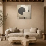 Charcoal Circle Forms Geometric Abstract Wall Art Canvas Print presented in a sophisticated home setting