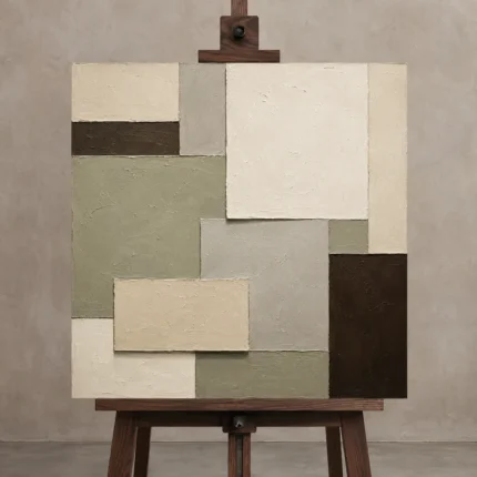 Sage Layered Blocks Geometric Abstract Wall Art Canvas Print displayed on a studio easel