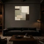 Sage Layered Blocks Geometric Abstract Wall Art Canvas Print shown in a warm modern interior