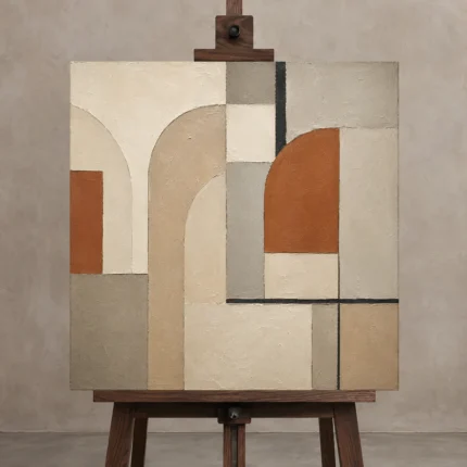 Terracotta Arch Panels Geometric Abstract Wall Art Canvas Print displayed on a studio easel