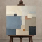 Blue Plane Blocks Geometric Abstract Wall Art Canvas Print displayed on a studio easel
