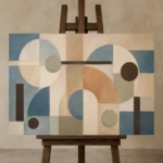 Blue Terracotta Circles Geometric Abstract Wall Art Canvas Print displayed on a studio easel
