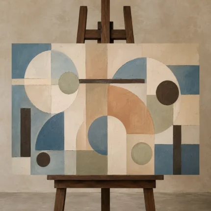 Blue Terracotta Circles Geometric Abstract Wall Art Canvas Print shown in Studio Easel