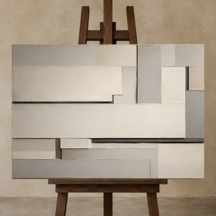 Ivory Linear Blocks Geometric Abstract Wall Art Canvas Print displayed on a studio easel