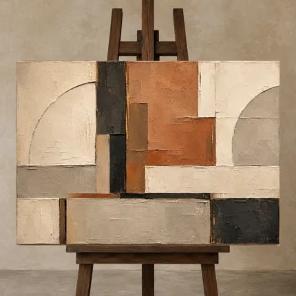 Terracotta Architectural Balance Geometric Abstract Wall Art Canvas Print displayed on a studio easel
