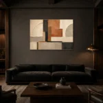 Terracotta Architectural Balance Geometric Abstract Wall Art Canvas Print shown in a warm modern interior