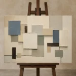 Blue Layered Squares Geometric Abstract Wall Art Canvas Print displayed on a studio easel