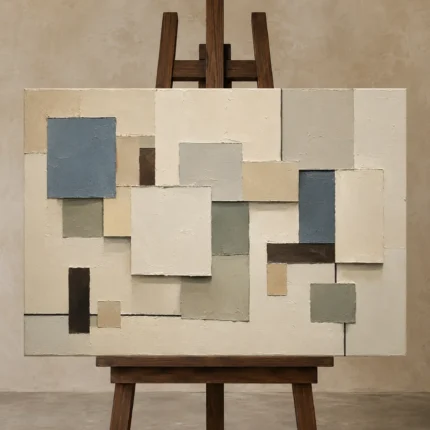 Blue Layered Squares Geometric Abstract Wall Art Canvas Print shown in Studio Easel