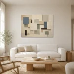 Blue Layered Squares Geometric Abstract Wall Art Canvas Print styled in a refined neutral interior