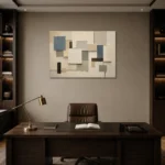 Blue Layered Squares Geometric Abstract Wall Art Canvas Print displayed in a contemporary gallery-inspired room