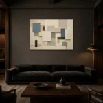 Blue Layered Squares Geometric Abstract Wall Art Canvas Print shown in a warm modern interior