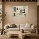 Blue Layered Squares Geometric Abstract Wall Art Canvas Print presented in a sophisticated home setting