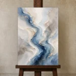 Blue River Flow Fluid Abstract Wall Art Canvas Print displayed on a studio easel