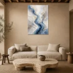 Blue River Flow Fluid Abstract Wall Art Canvas Print presented in a sophisticated home setting