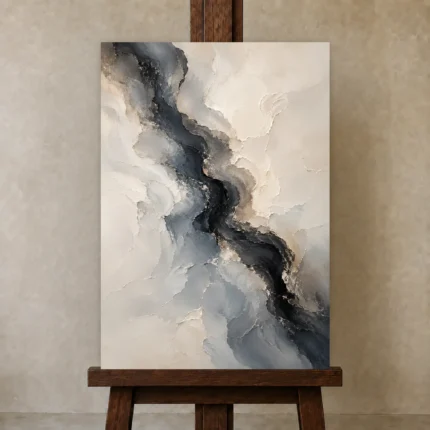 Charcoal River Fluid Abstract Wall Art Canvas Print shown in Studio Easel