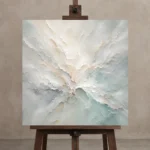 Aqua Bloom Fluid Abstract Wall Art Canvas Print displayed on a studio easel