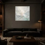 Aqua Bloom Fluid Abstract Wall Art Canvas Print shown in a warm modern interior