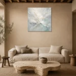Aqua Bloom Fluid Abstract Wall Art Canvas Print presented in a sophisticated home setting