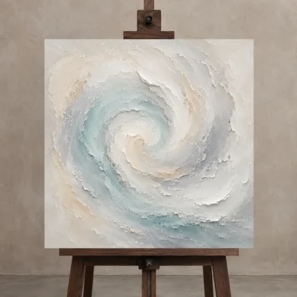 Aqua Spiral Fluid Abstract Wall Art Canvas Print shown in Studio Easel