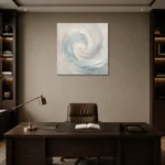Aqua Spiral Fluid Abstract Wall Art Canvas Print displayed in a contemporary gallery-inspired room