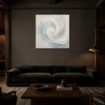 Aqua Spiral Fluid Abstract Wall Art Canvas Print shown in a warm modern interior