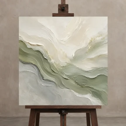 Sage Horizon Flow Fluid Abstract Wall Art Canvas Print displayed on a studio easel