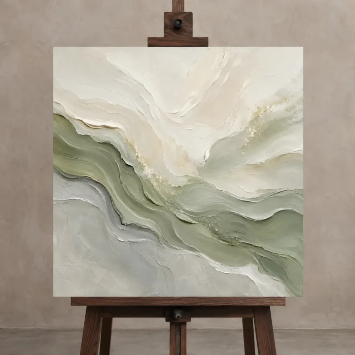 Sage Horizon Flow Fluid Abstract Wall Art Canvas Print displayed on a studio easel