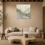 Sage Horizon Flow Fluid Abstract Wall Art Canvas Print presented in a sophisticated home setting