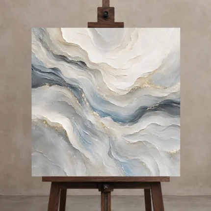 Blue Strata Fluid Abstract Wall Art Canvas Print shown in Studio Easel