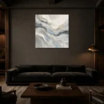 Blue Strata Fluid Abstract Wall Art Canvas Print shown in a warm modern interior