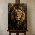 Regal Gilded Lion Wall Art Canvas Print displayed on a studio easel