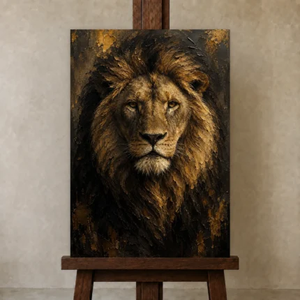 Regal Gilded Lion Wall Art Canvas Print shown in Studio Easel
