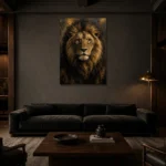 Regal Gilded Lion Wall Art Canvas Print shown in a warm modern interior