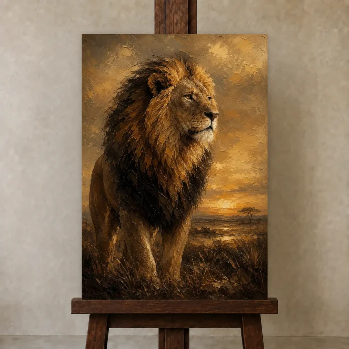 Savanna Guardian Lion Wall Art Canvas Print displayed on a studio easel