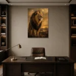 Savanna Guardian Lion Wall Art Canvas Print displayed in a contemporary gallery-inspired room