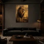 Savanna Guardian Lion Wall Art Canvas Print shown in a warm modern interior