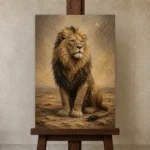 Seated Sovereign Lion Wall Art Canvas Print displayed on a studio easel