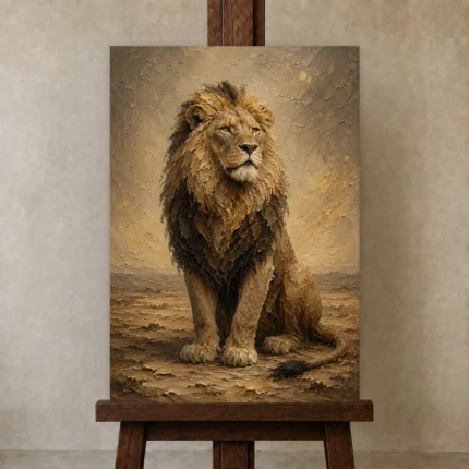 Seated Sovereign Lion Wall Art Canvas Print shown in Studio Easel