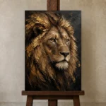 Gilded Mane Lion Wall Art Canvas Print displayed on a studio easel