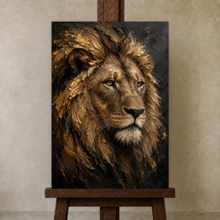 Gilded Mane Lion Wall Art Canvas Print shown in Studio Easel