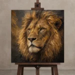 Amber Sentinel Lion Wall Art Canvas Print displayed on a studio easel
