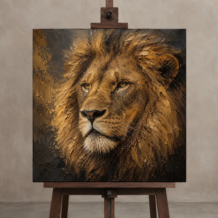 Amber Sentinel Lion Wall Art Canvas Print displayed on a studio easel