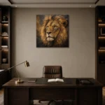 Amber Sentinel Lion Wall Art Canvas Print displayed in a contemporary gallery-inspired room