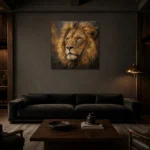 Amber Sentinel Lion Wall Art Canvas Print shown in a warm modern interior