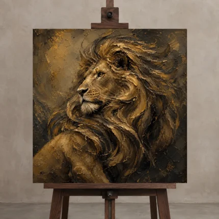 Golden Tempest Lion Wall Art Canvas Print shown in Studio Easel