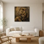 Golden Tempest Lion Wall Art Canvas Print styled in a refined neutral interior