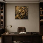 Golden Tempest Lion Wall Art Canvas Print displayed in a contemporary gallery-inspired room