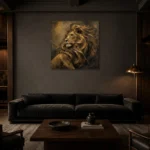 Golden Tempest Lion Wall Art Canvas Print shown in a warm modern interior