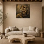 Golden Tempest Lion Wall Art Canvas Print presented in a sophisticated home setting
